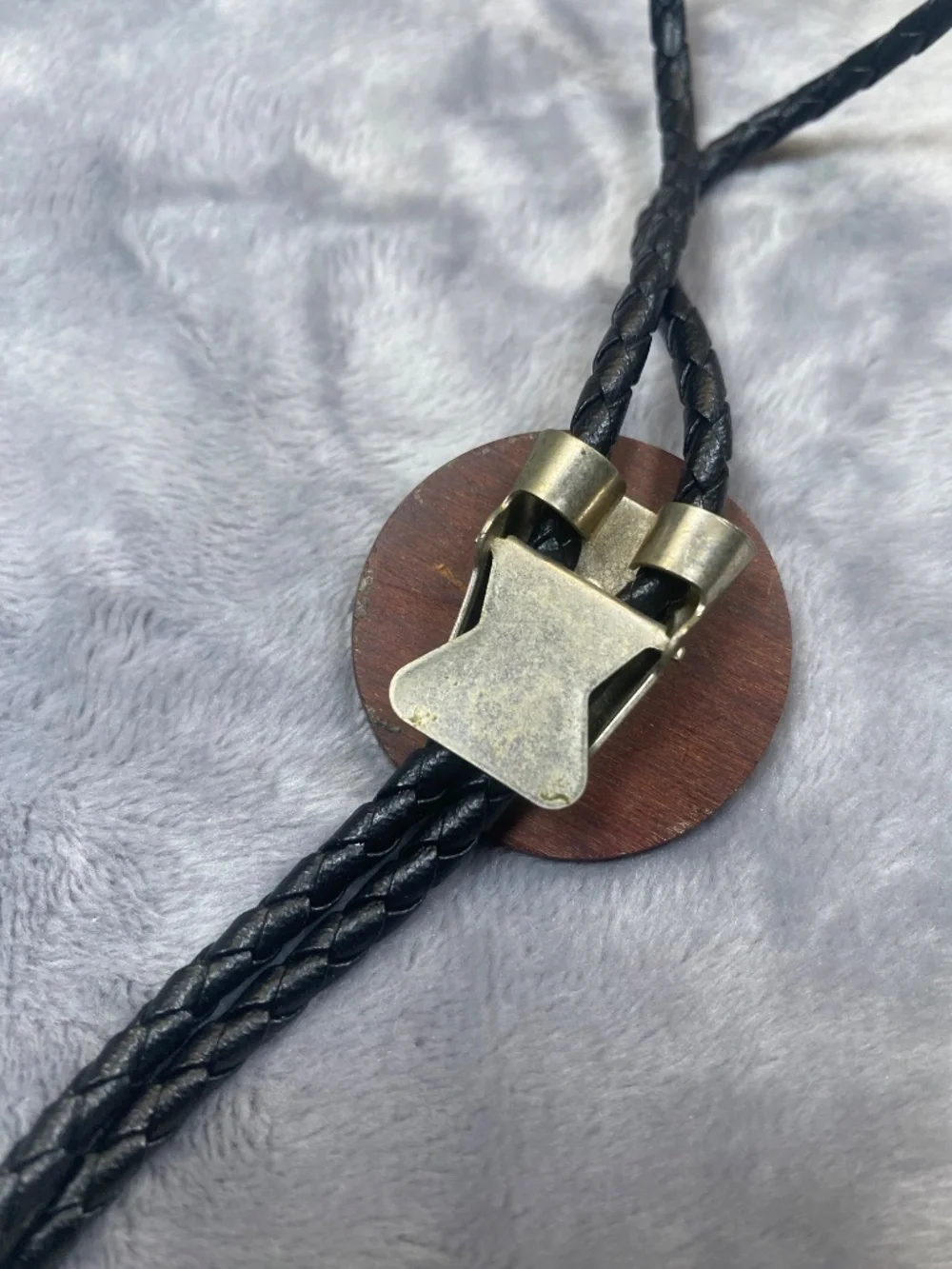 Fly Fishing Leather and Wood with Metal inlay Bolo Tie